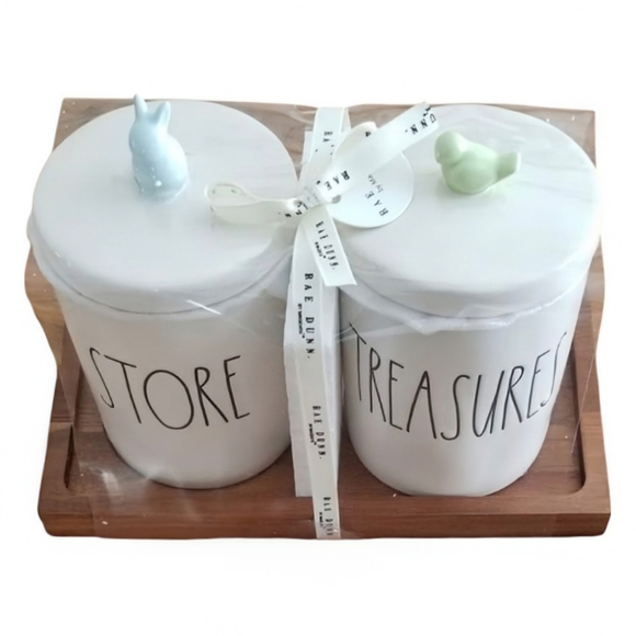 NEW Rae Dunn STORE and TREASURE Jars on Wooden Tray - Picture 2 of 6